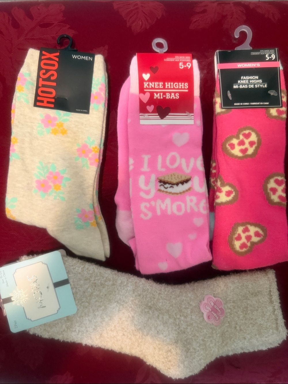 Bundle Women's Sock Trio - Beige Floral, Light Pink Hearts, Hot Pink Cookie
